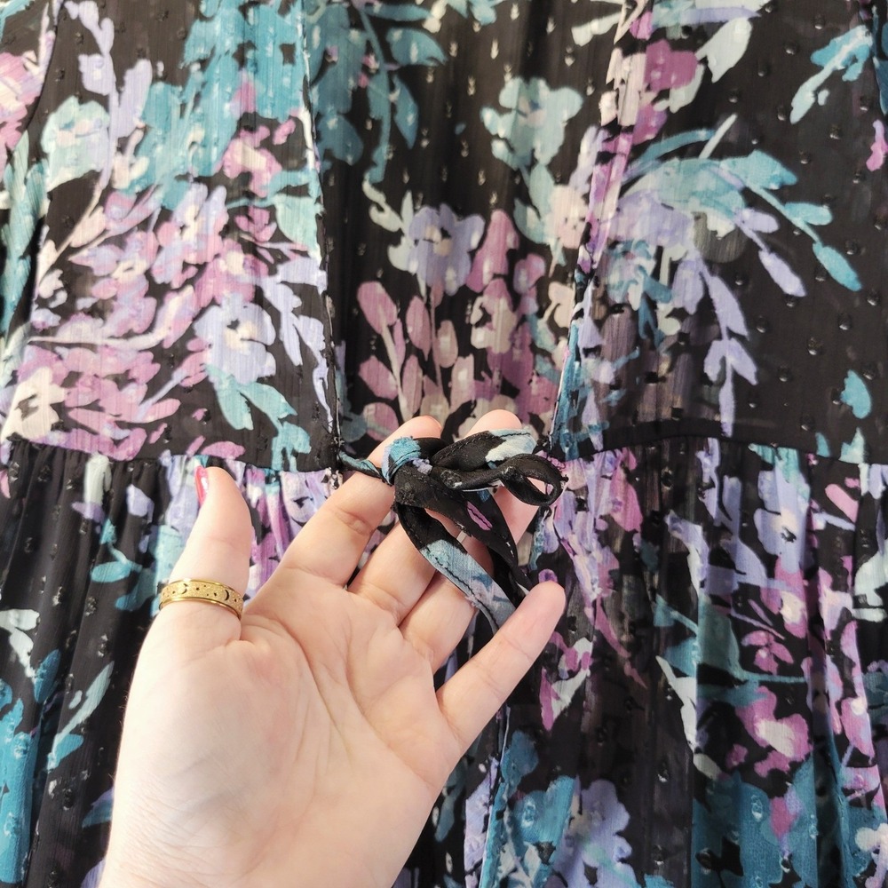 Torrid Floral Chiffon Tie Front Duster Kimono Black Purple 0 L Fairy Goth - Picture 4 of 13